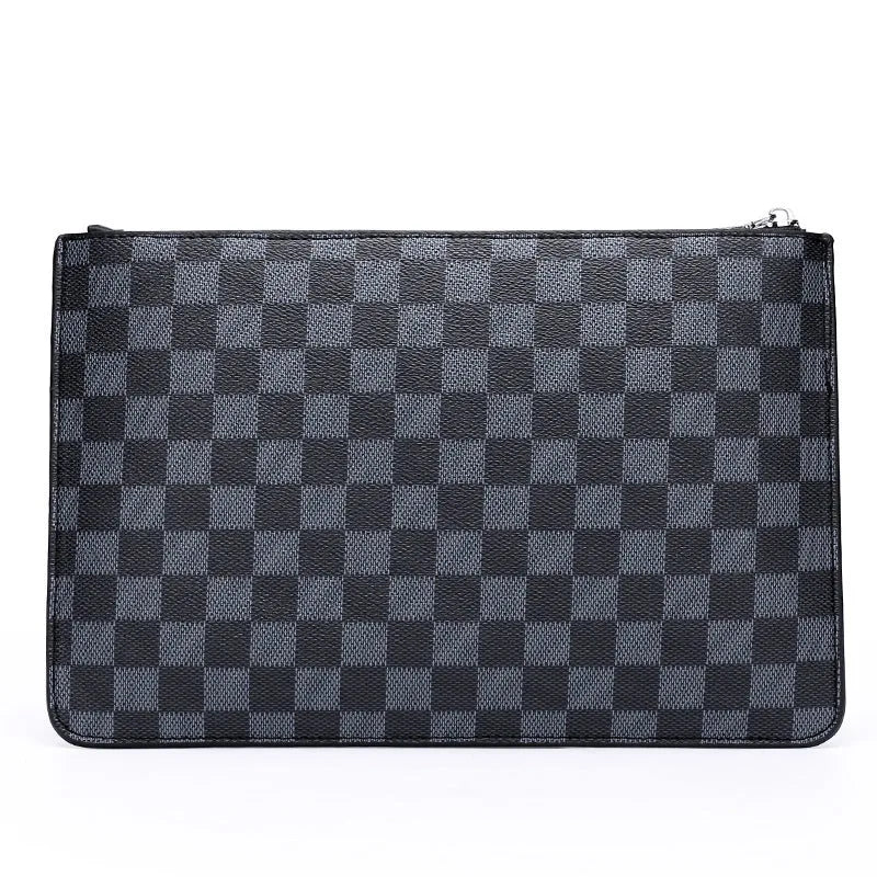 Men's black checkered PU leather business clutch wallet showing card slots and zipper pocket