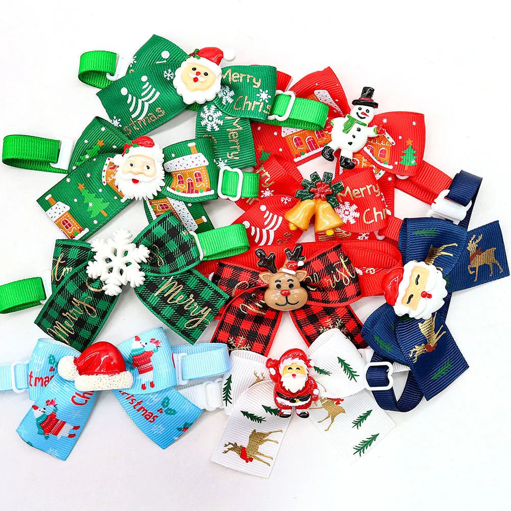 Red and green polyester Christmas pet bow tie in British style on a white background