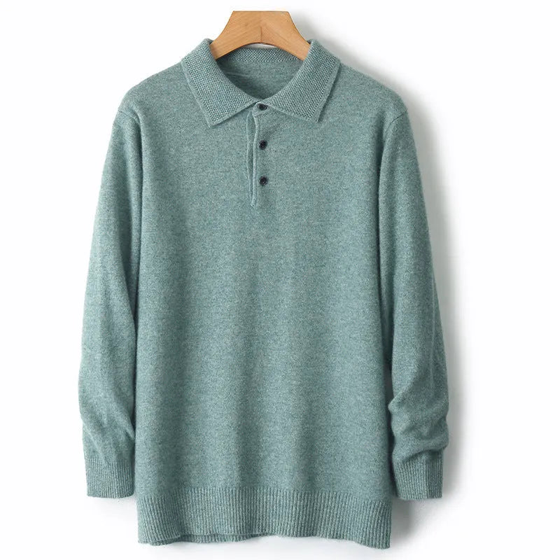 Men's grey wool pullover sweater with a polo collar and long sleeves on a hanger.