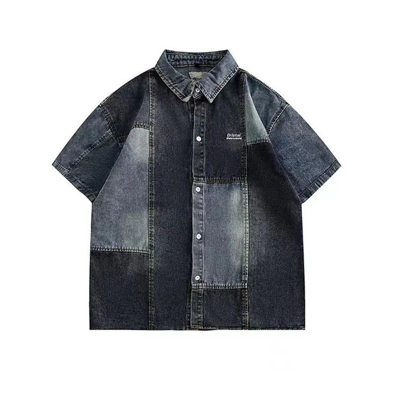 Blue Japanese-style retro denim shirt with washed stitching details in loose cardigan fit