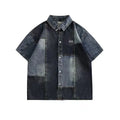 Blue Japanese-style retro denim shirt with washed stitching details in loose cardigan fit