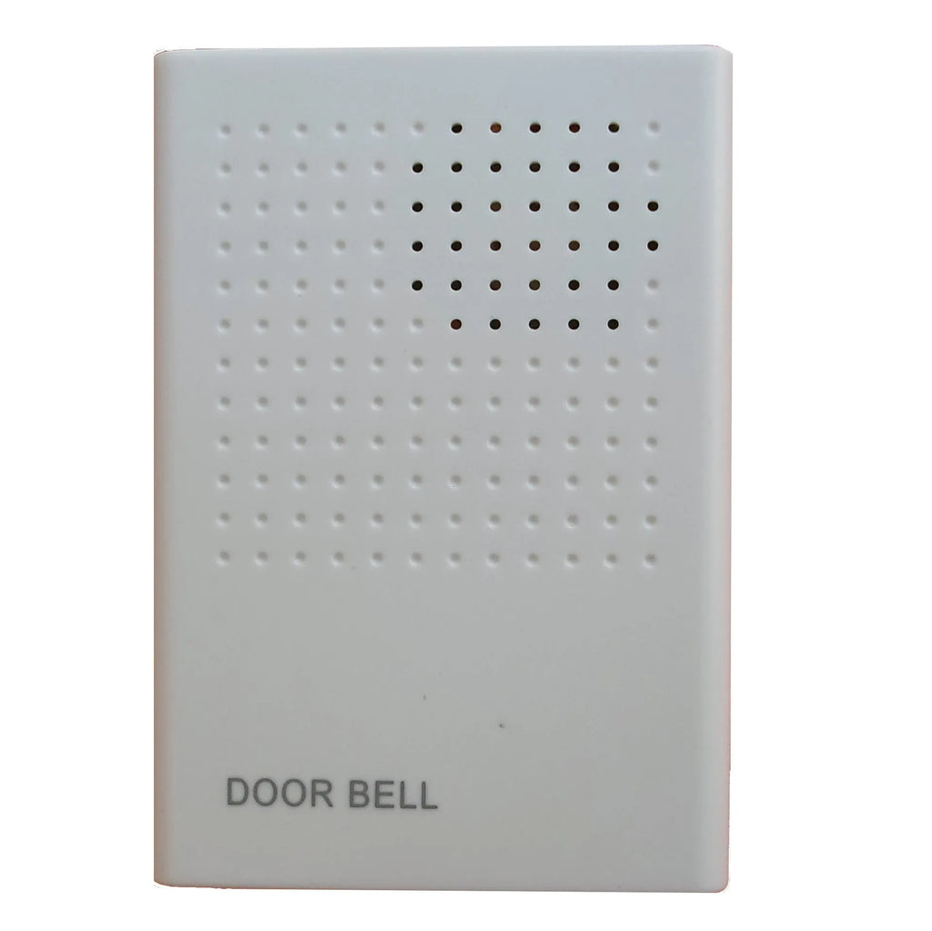 White wired dingdong doorbell 87x62x23mm on a wooden door frame