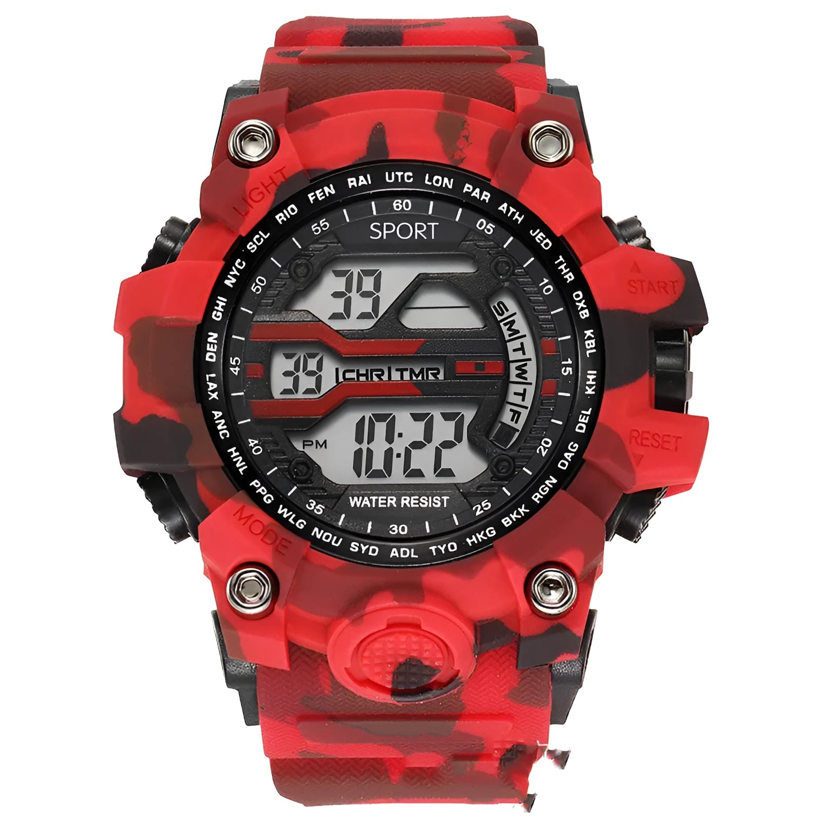 Men's sports watch with large dial, number display, and waterproof rating of 10m