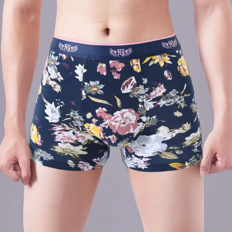 Men's cotton boxer underwear with U-shaped convex design in floral pattern colours