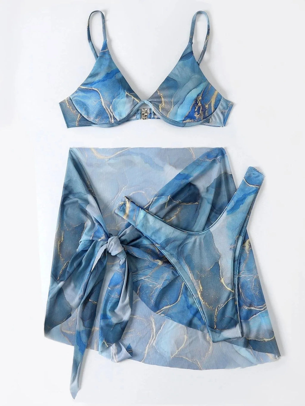 Women's marble print 3-piece bikini swimwear set with skirt, bra and matching panties