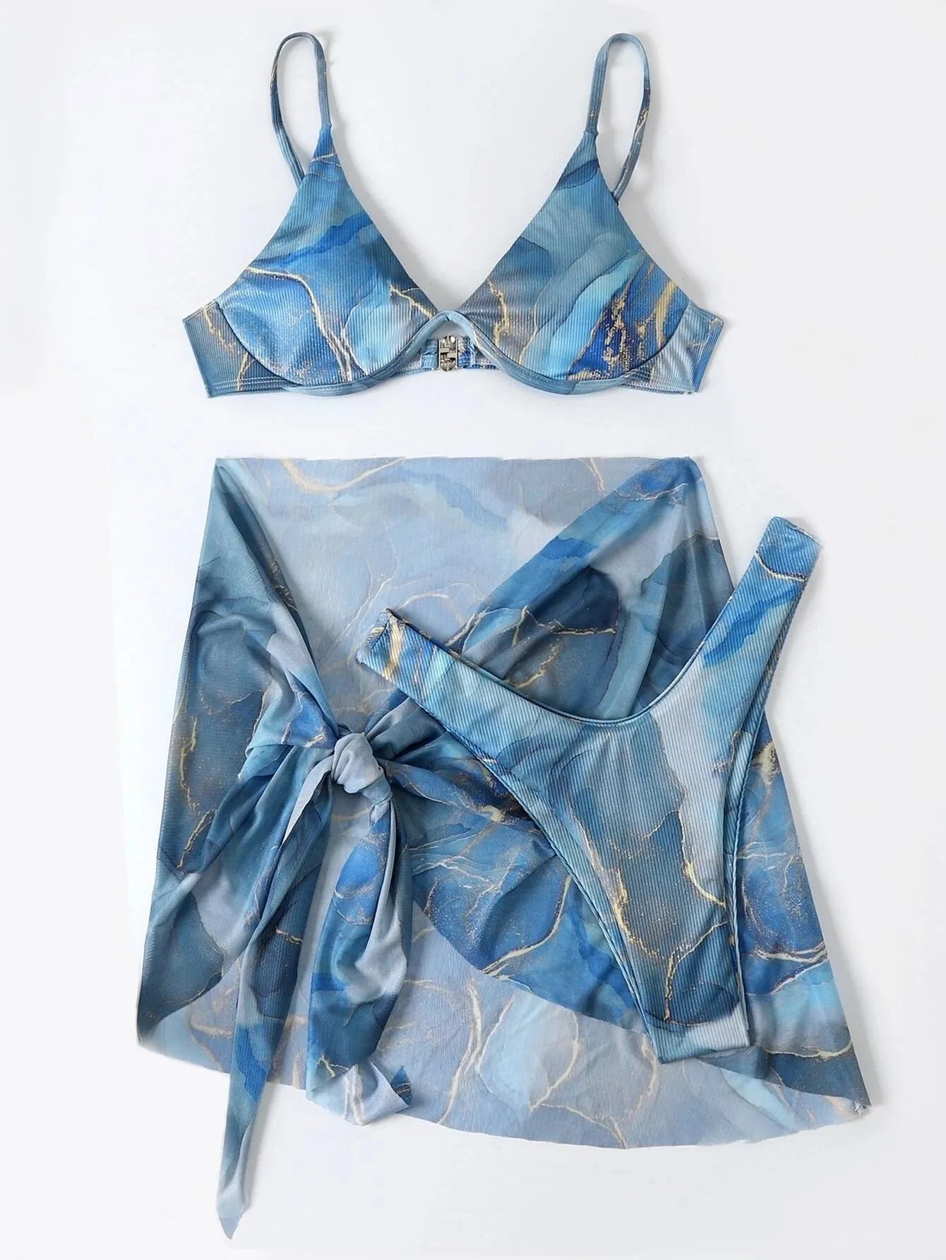 Women's marble print 3-piece bikini swimwear set with skirt, bra and matching panties