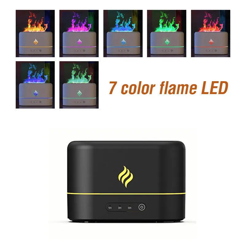 Black USB humidifier with seven-colour flame lighting effect on wooden surface