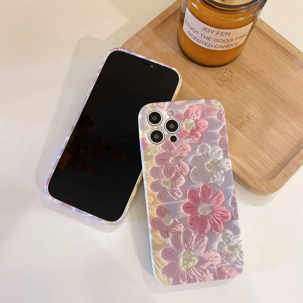 Pink flower silicone iPhone case with liquid oil painting design, rear cover type