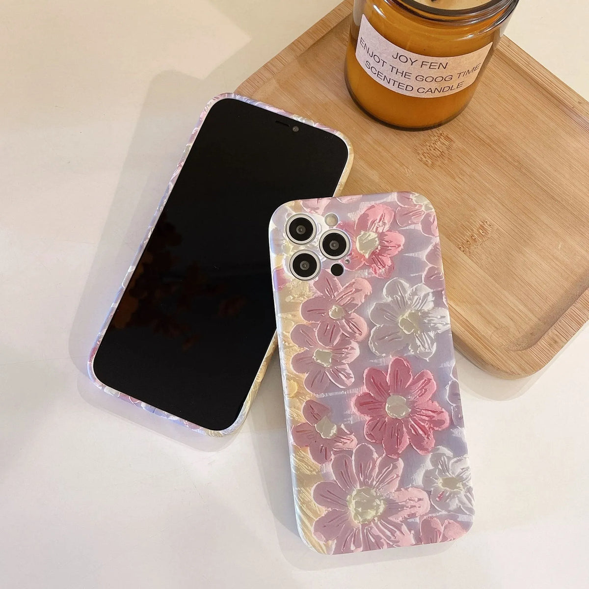 Pink flower silicone iPhone case with liquid oil painting design, rear cover type