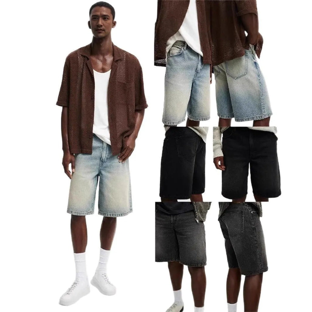 Men's light blue loose straight-leg cotton denim trousers on a mannequin.