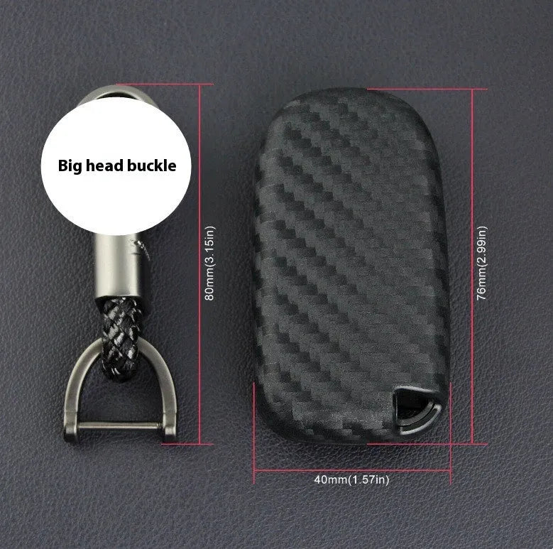 Carbon fibre pattern silicone protective case covering a Dodge, Chrysler, and Fiat car key fob