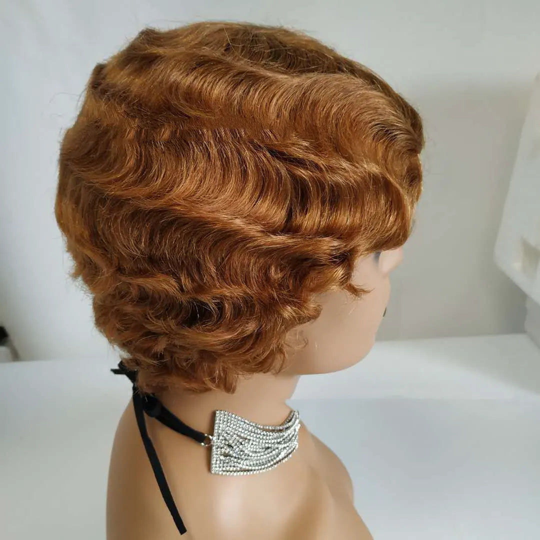 Pixie cut short bob wig in retro finger wave style with Remy human hair, 4 inch length, shown in photo colour