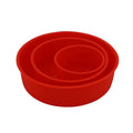 Set of three red round silicone cake baking moulds in 4-inch, 6-inch, and 8-inch sizes.