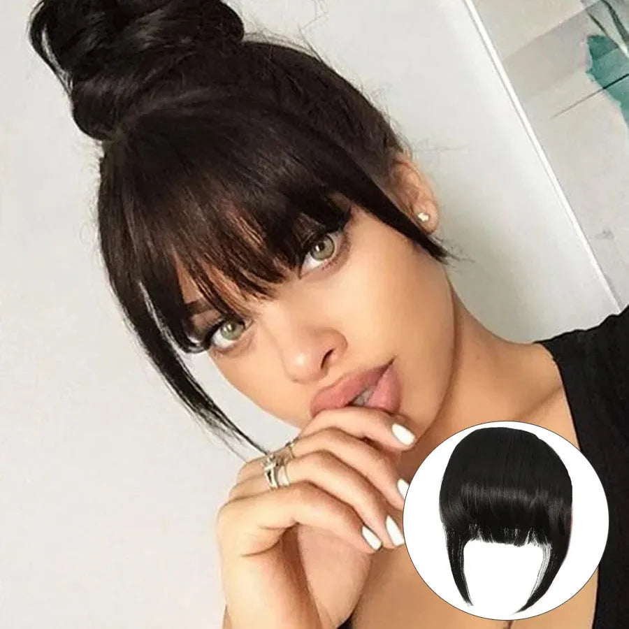 Long curly wig with bangs set in black high-temperature fibre for any face type