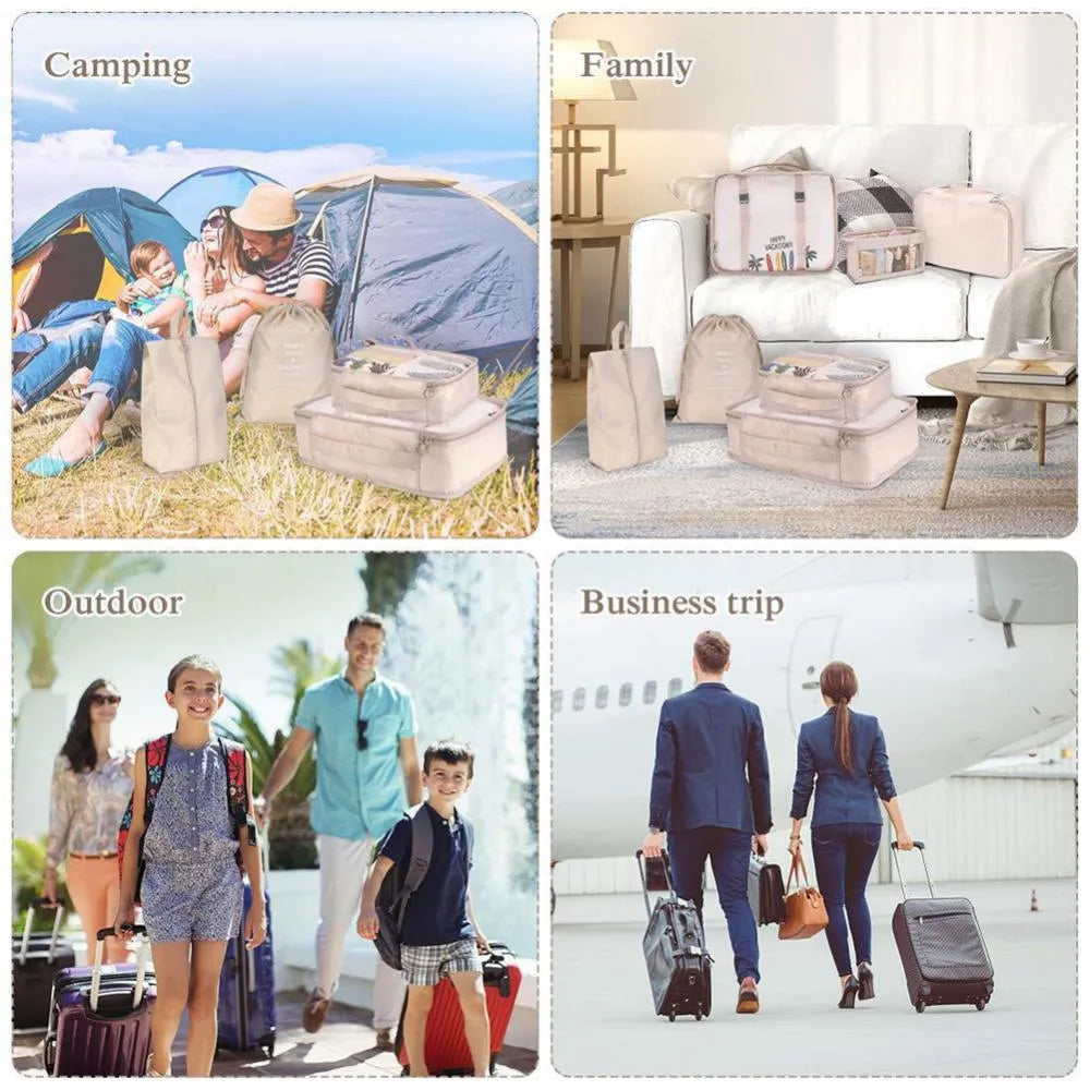 8-piece set of nylon packing cubes in various colours for travel storage of clothes, shoes, and toiletries