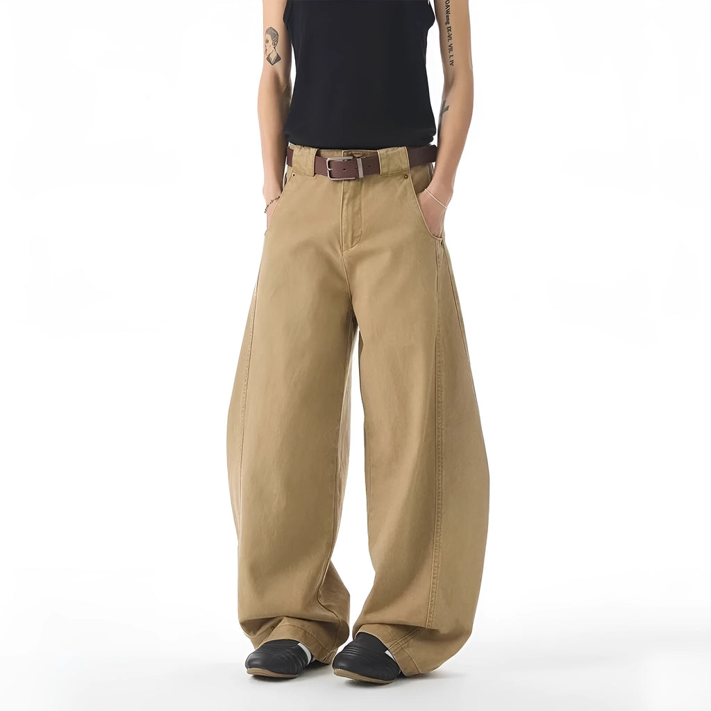 Men's brown loose fit casual jeans with straight leg, button fly, and Korean style design.
