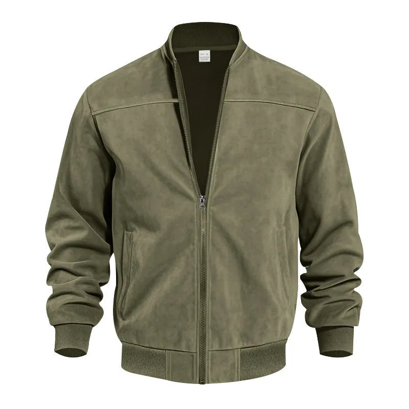 Men's plus-size suede-effect zip jacket in army green on a hanger.