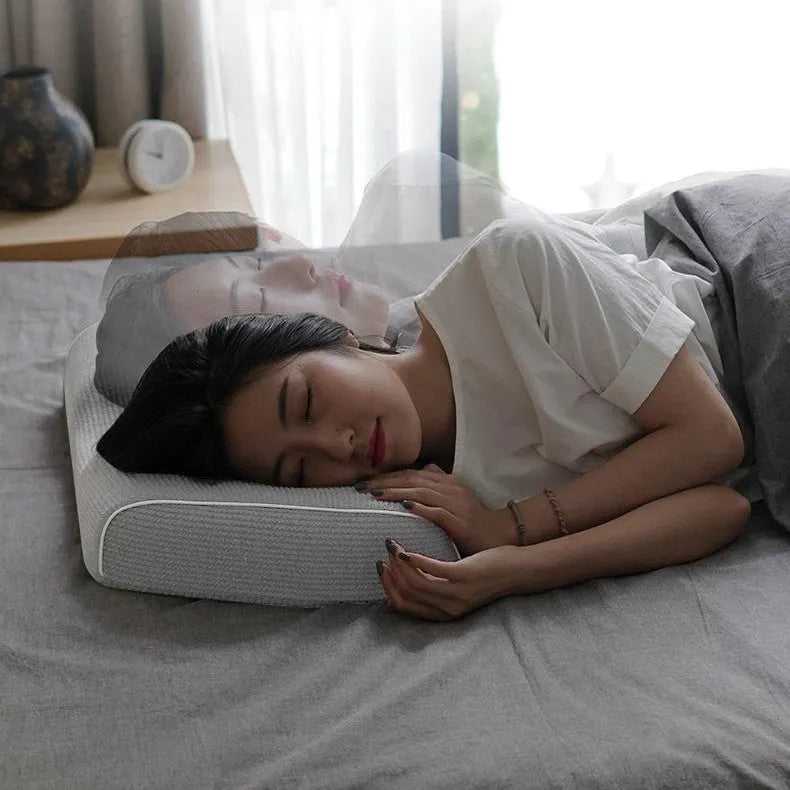 Grey memory foam massage pillow with knitted cotton cover and adjustable loft for neck support