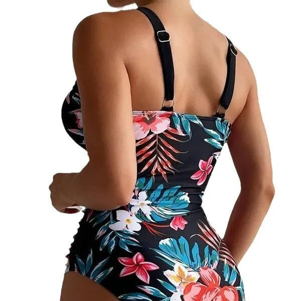 Women's floral patterned backless one-piece swimsuit in polyester spandex construction