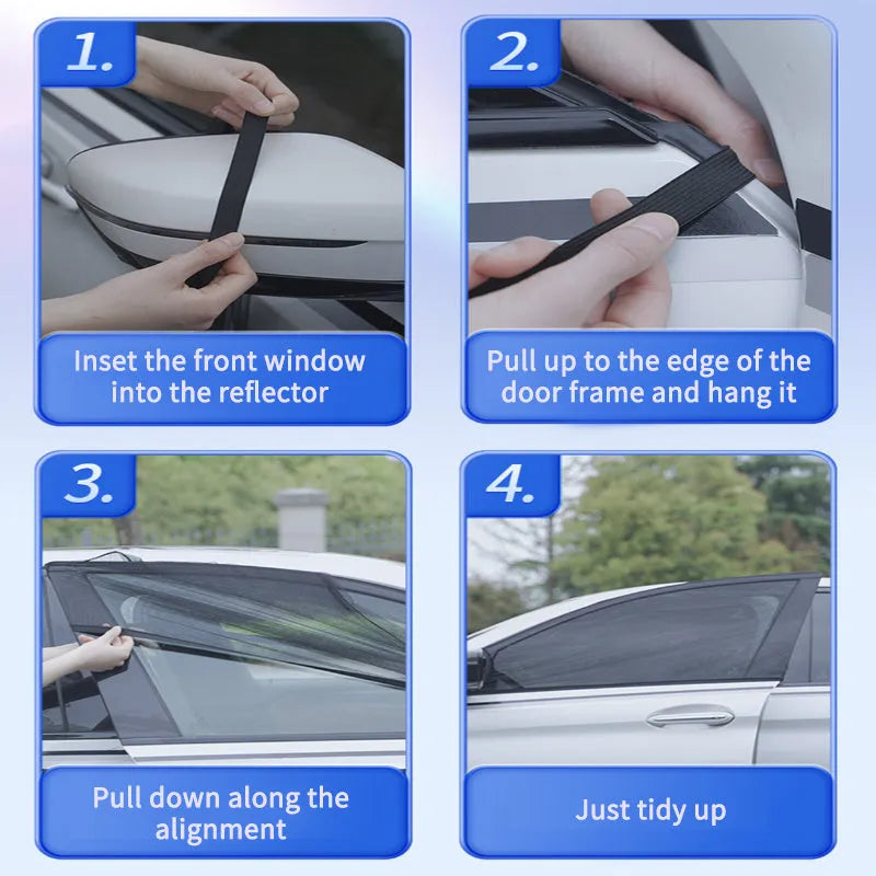 Set of four grey mesh car side window sunshades with elastic edges, shown fitted on a car.