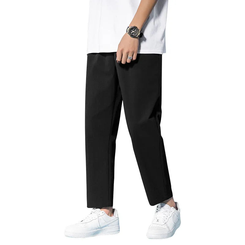Mens solid colour cropped straight leg pants in black and gray, polyester drawstring waist, sizes M-5XL