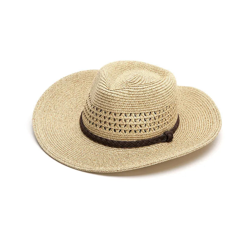Men's foldable straw sun hat with wide brim in mixed beige colour showing portable design