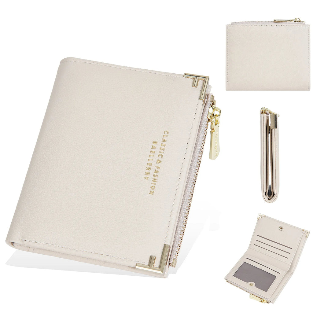 Compact pink PU leather women's wallet with card slots and a zipper coin purse, shown with dimensions 12×10 cm.
