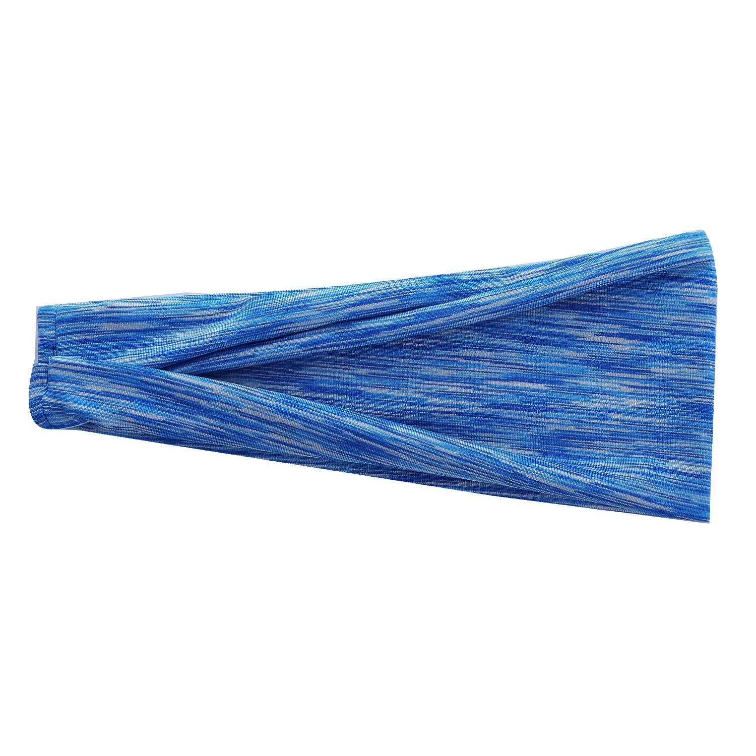 Placed flat, a plaid pattern sports headband in a neutral colour, with geometric elements at the centre