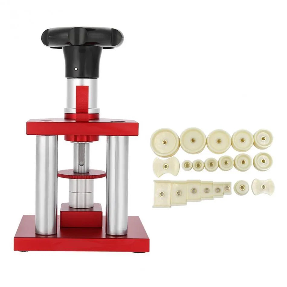 Spiral watch back cover presser tool with a set of 20 plastic moulds for watch repair.
