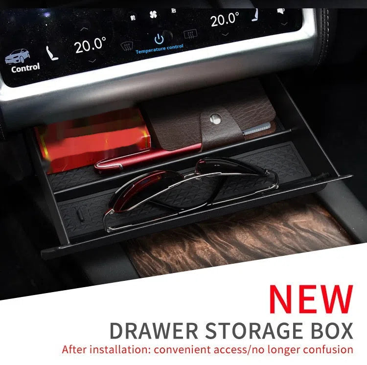 Black plastic car storage grid drawer box for Tesla centre console 26x19x6.5cm
