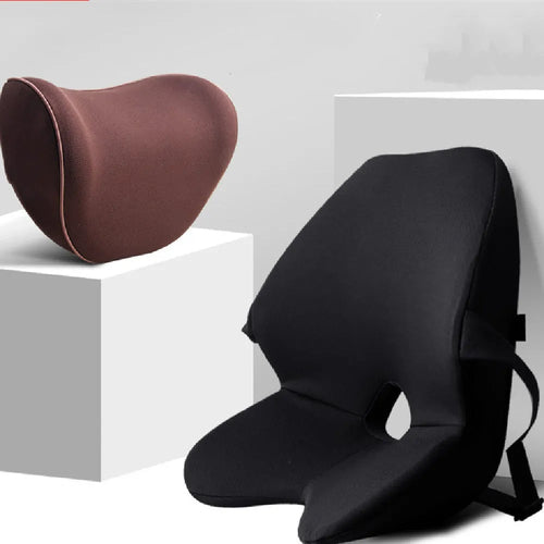Memory foam car lumbar support cushion and a version with integrated headrest in beige colour.