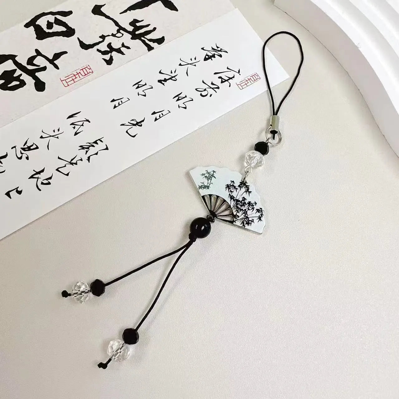 Chinese style Guofeng floral bead pendant keychain with baking varnish finish in Fan or Poetry colour.