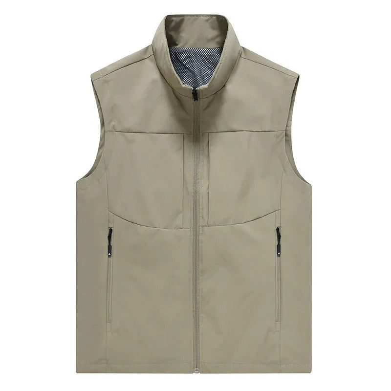 Men's loose-fit outdoor cardigan vest with stand collar and zippered pockets in khaki colour.