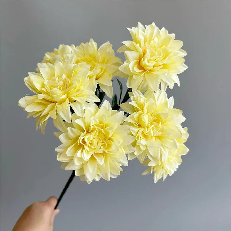 Dahlia desktop display fan holding fake flowers, silk flower bunch in multiple colours for home or office decoration