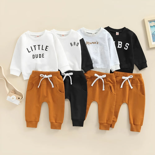 Boys' casual BUBS letter print cotton top and trousers set in gray on white background