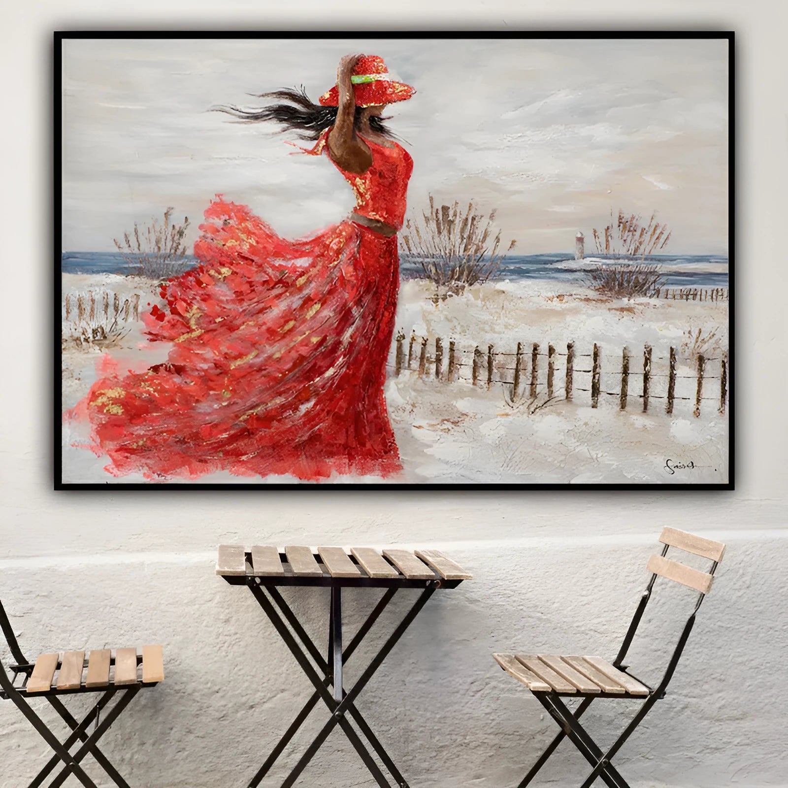 Hand-painted abstract oil painting of a girl in a red dress at the seaside on canvas, modern style, 100x70cm