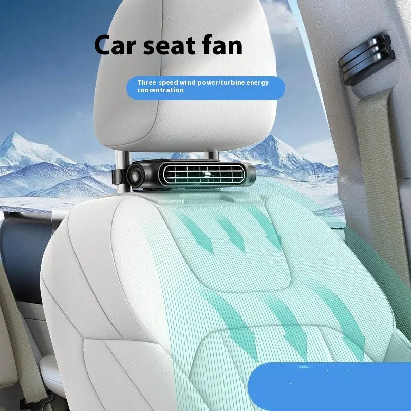 Creative New bladeless car fan with Velcro straps mounted on a car seat headrest.