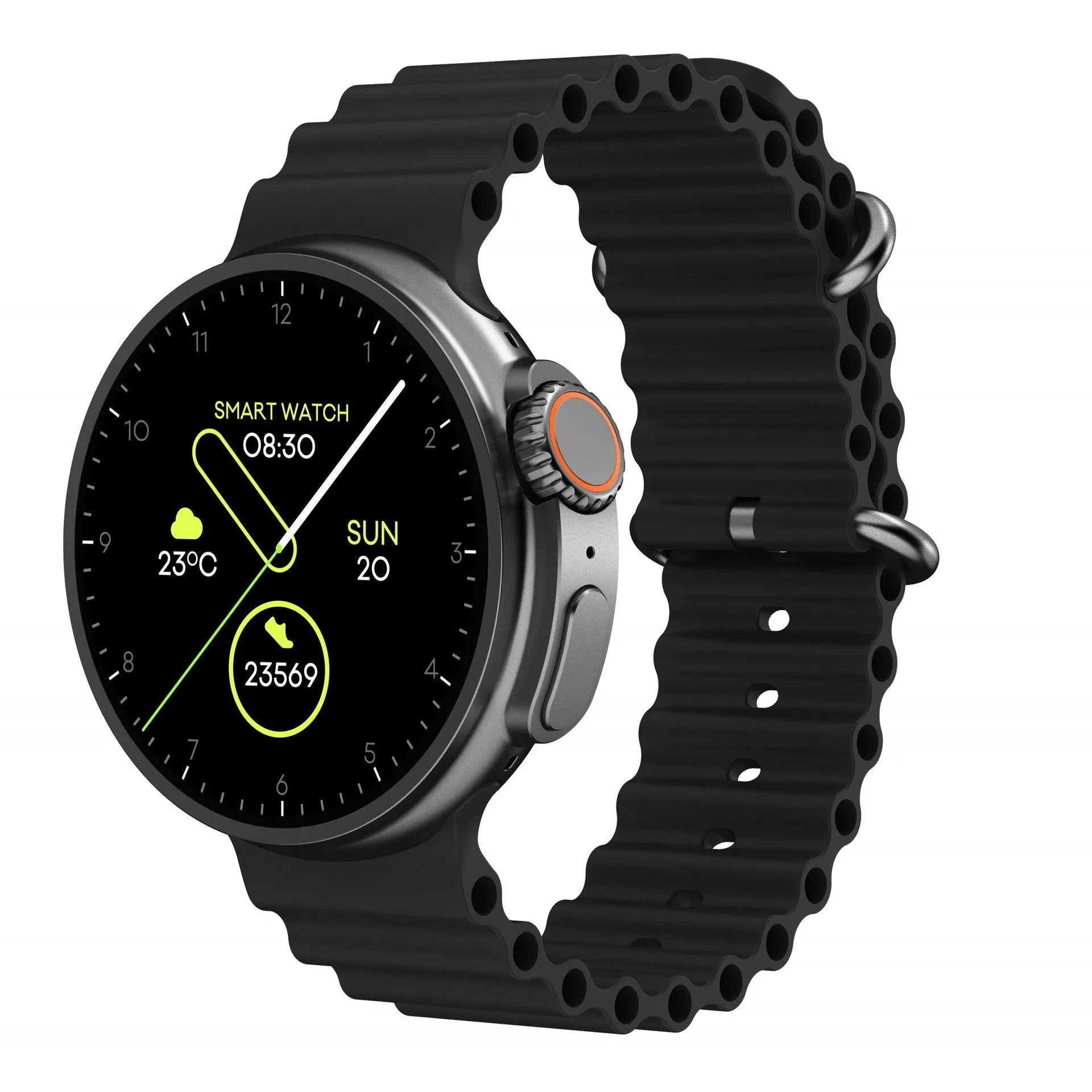 K9 smart watch with round screen showing health metrics and NFC payment capability