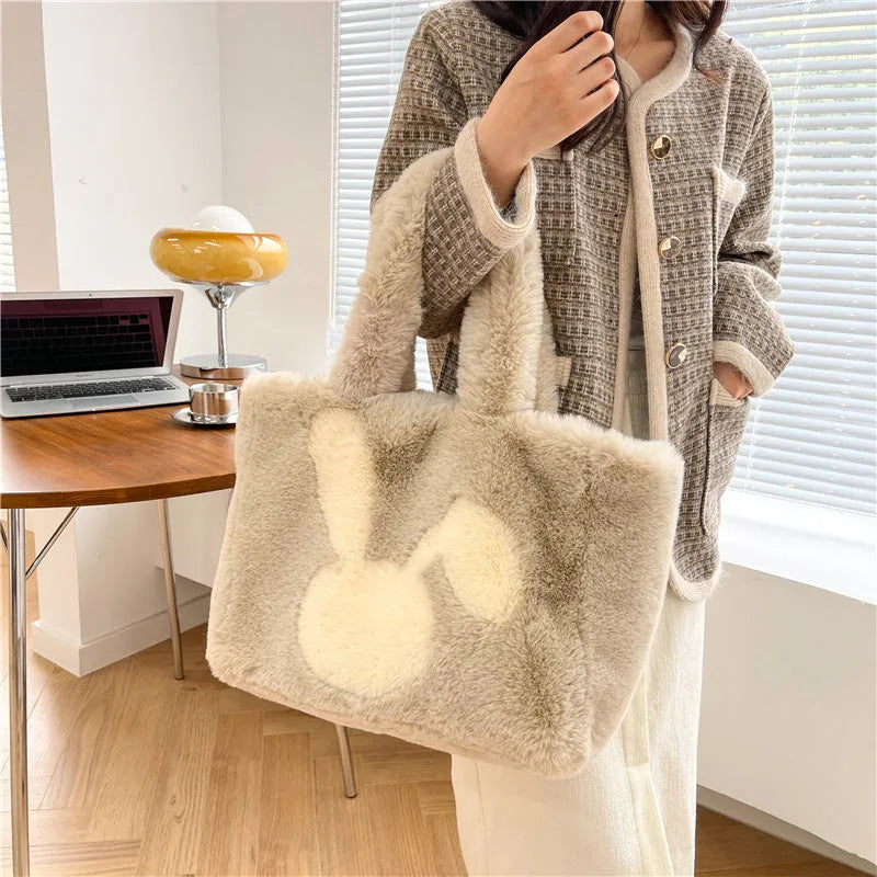 Cartoon rabbit ears plush tote bag in solid colours with shoulder strap