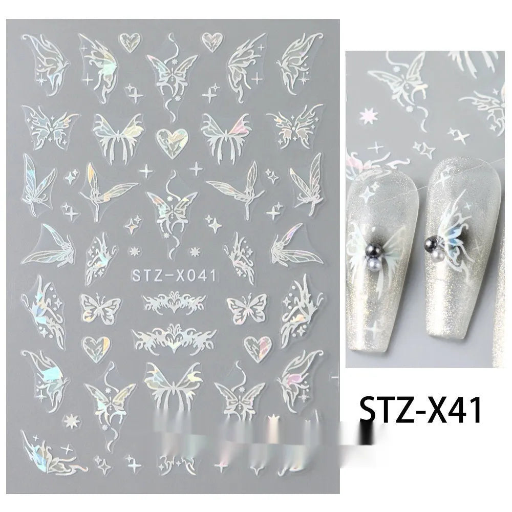 Cartoon-themed nail art sticker sheet with black and silver strip patterns and love motifs