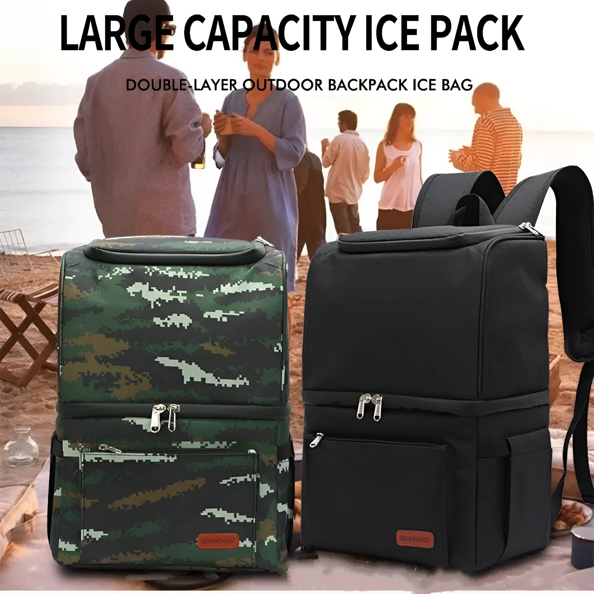 Double-layer insulated blue backpack with 22L capacity and a removable ice pack for picnics.