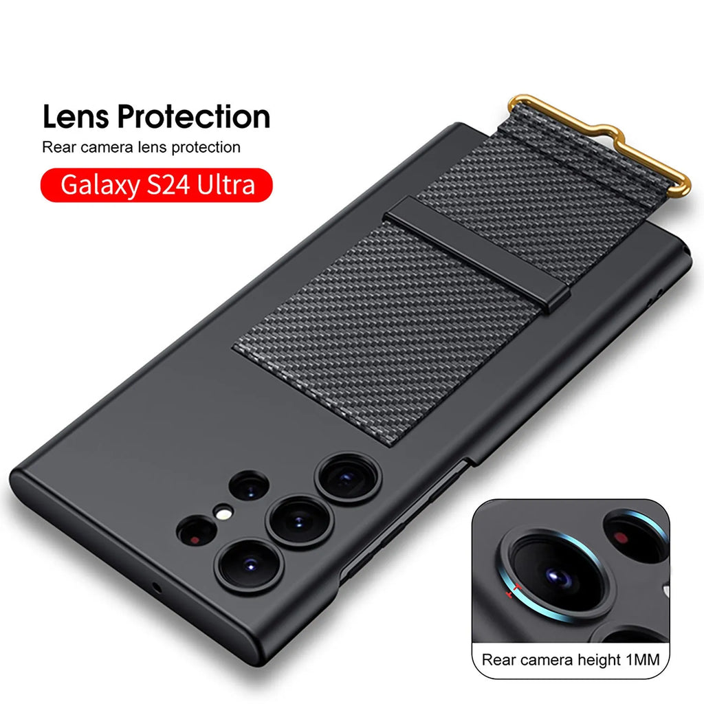 Ultra-thin PC phone case in carbon fiber pattern with bracket for Samsung Galaxy S23 Ultra