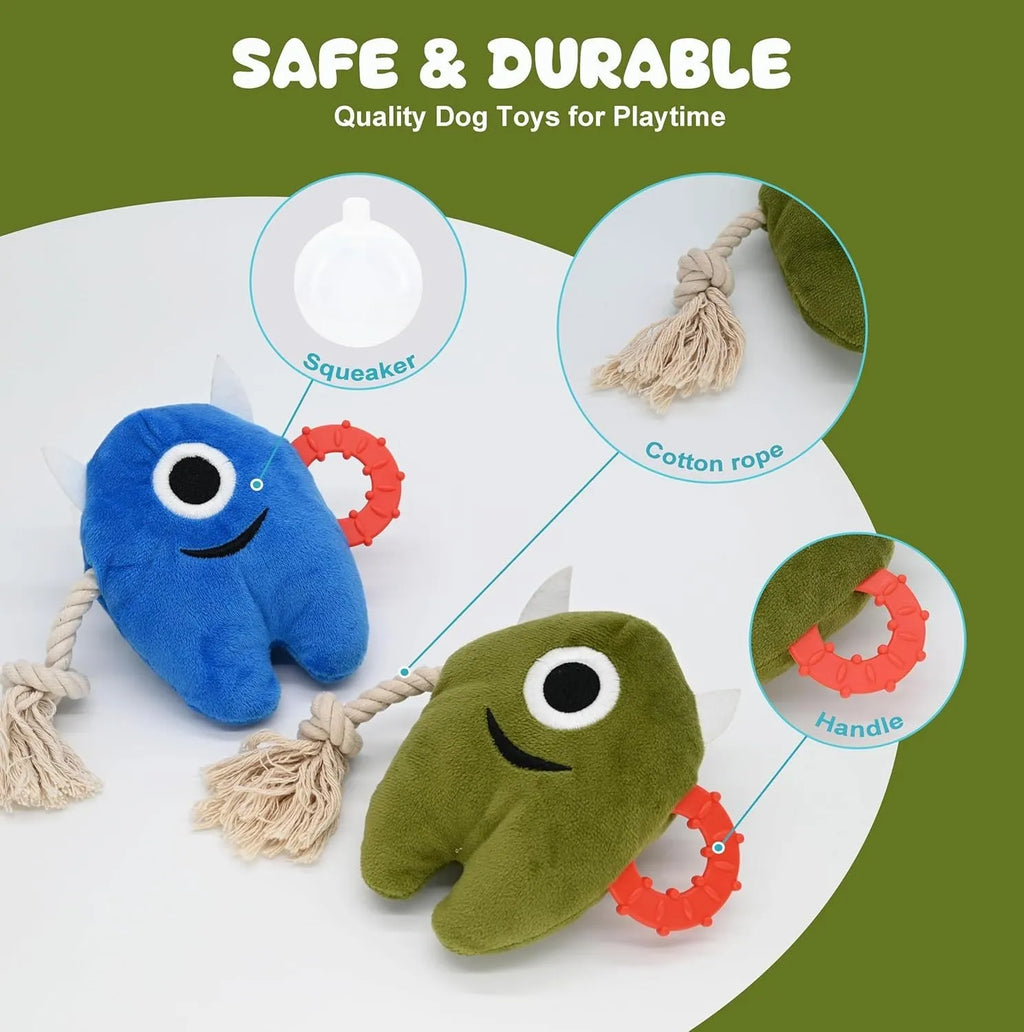 Blue monster plush dog toy with brown cotton rope arms and a squeaker inside.