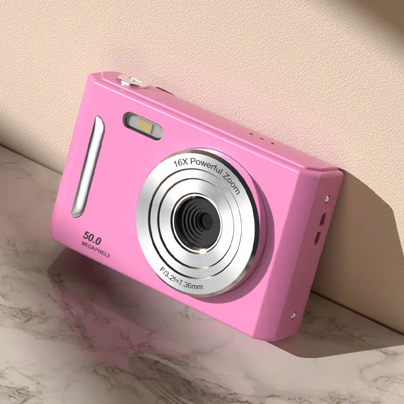 CCD student camera with dual front and rear cameras, HD screen, available in pink and black colours