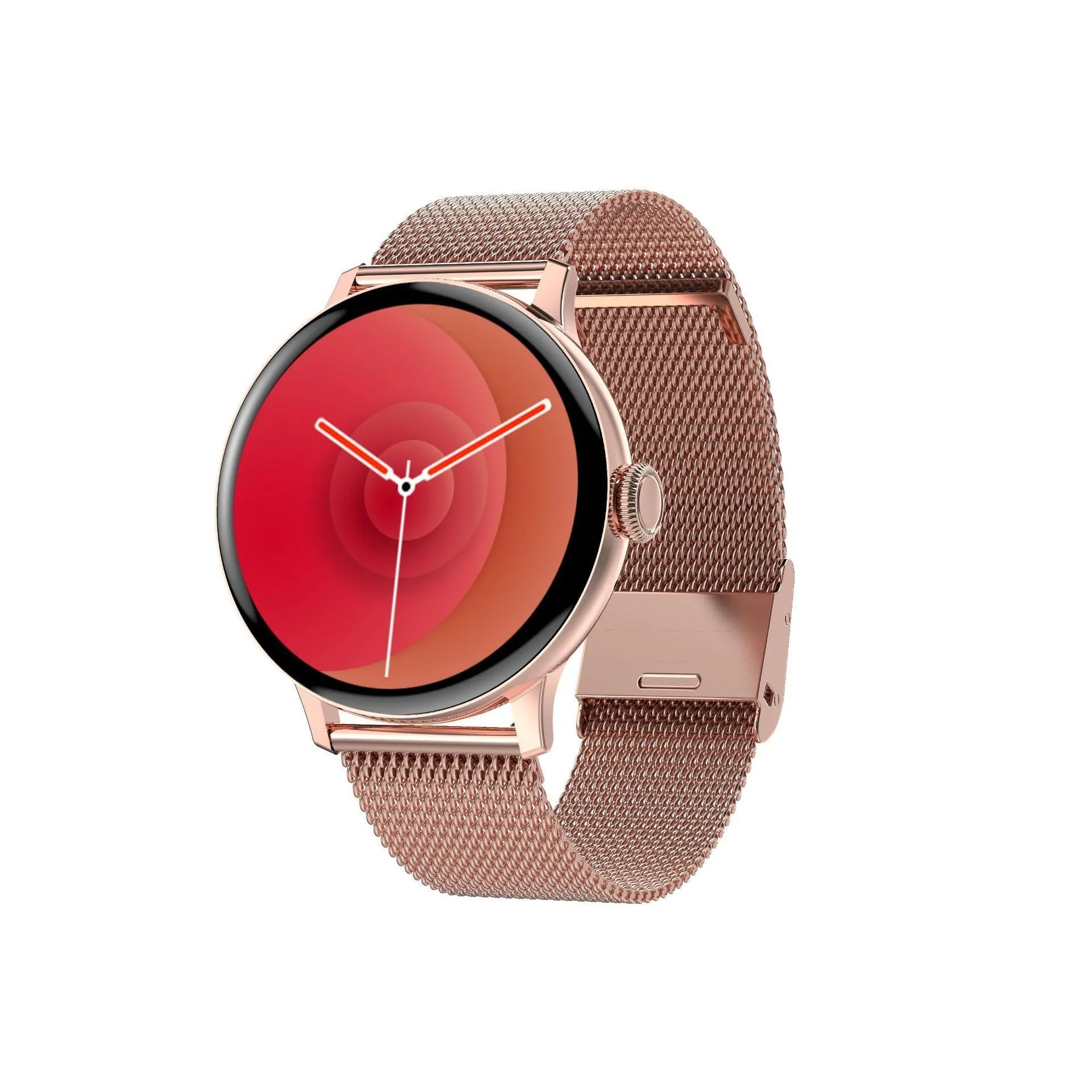 Bluetooth smart bracelet with circular touch screen on a black stainless steel bracelet, showing call and heart rate interface