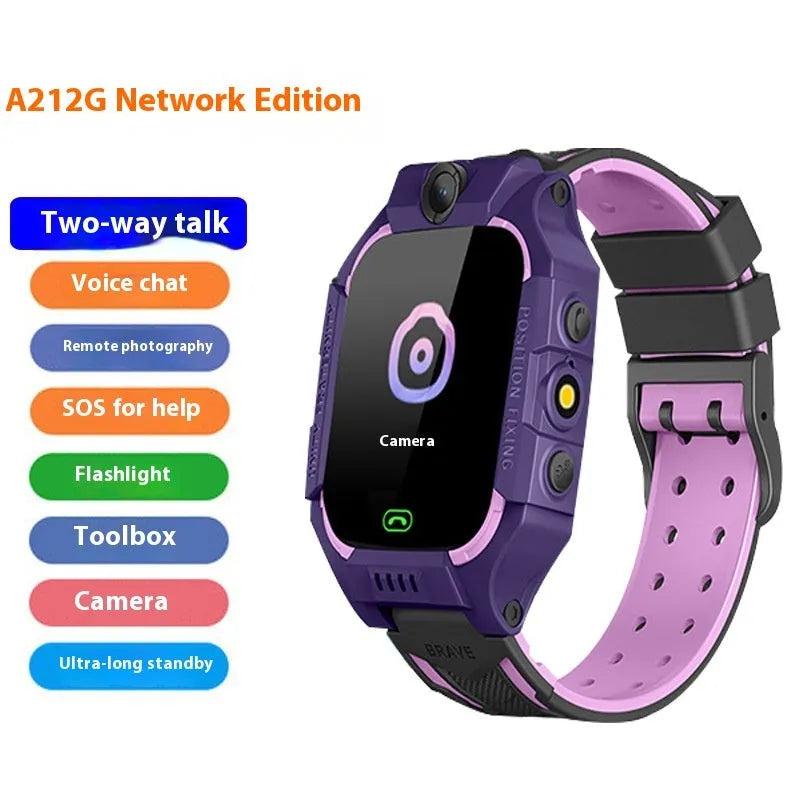 Children's smart watch with dual cameras, SOS button, and touch screen on a child's wrist