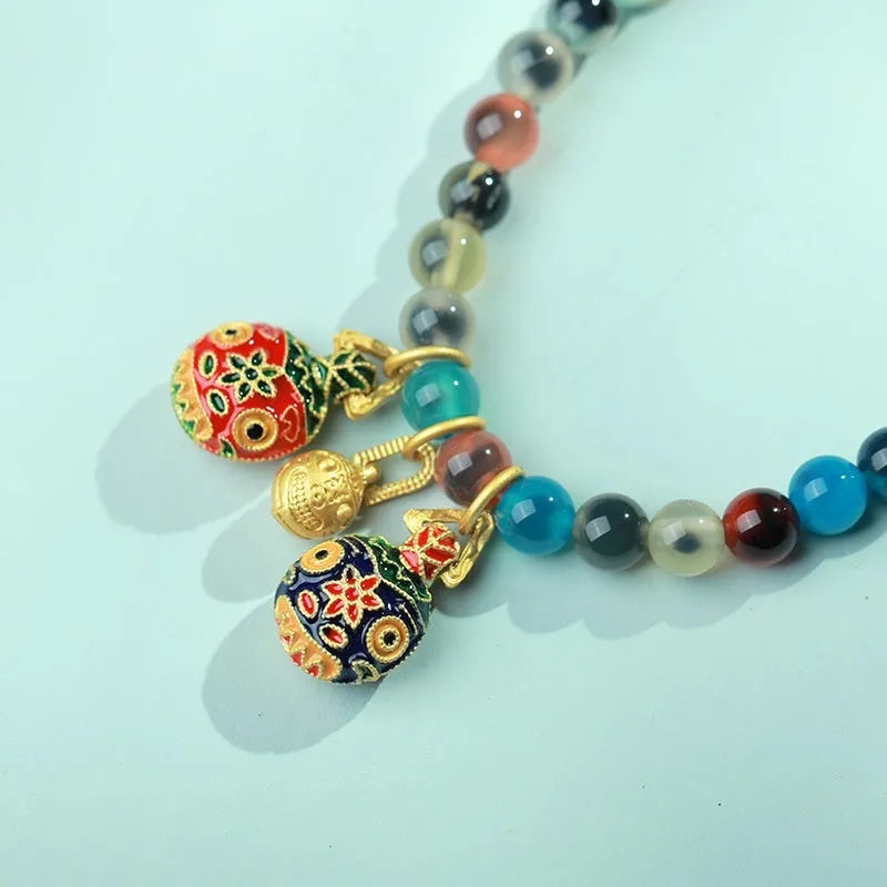 Women's agate and coloured glaze copper coin snake bracelet in geometric style with manual craftsmanship
