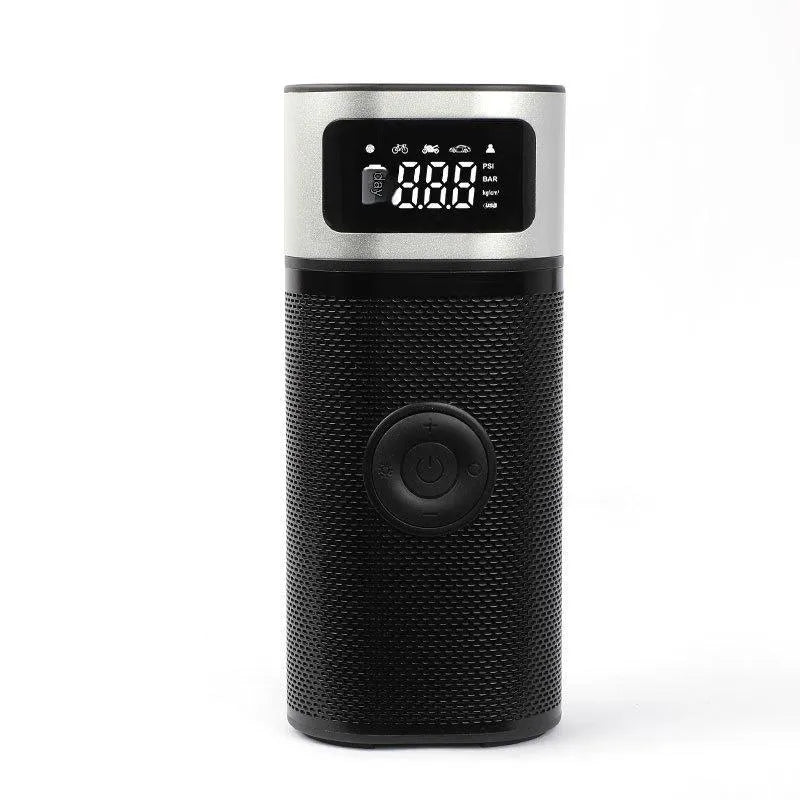 Black portable wireless vehicle air pump with metal construction and 15cm inflation tube including multiple nozzle attachments
