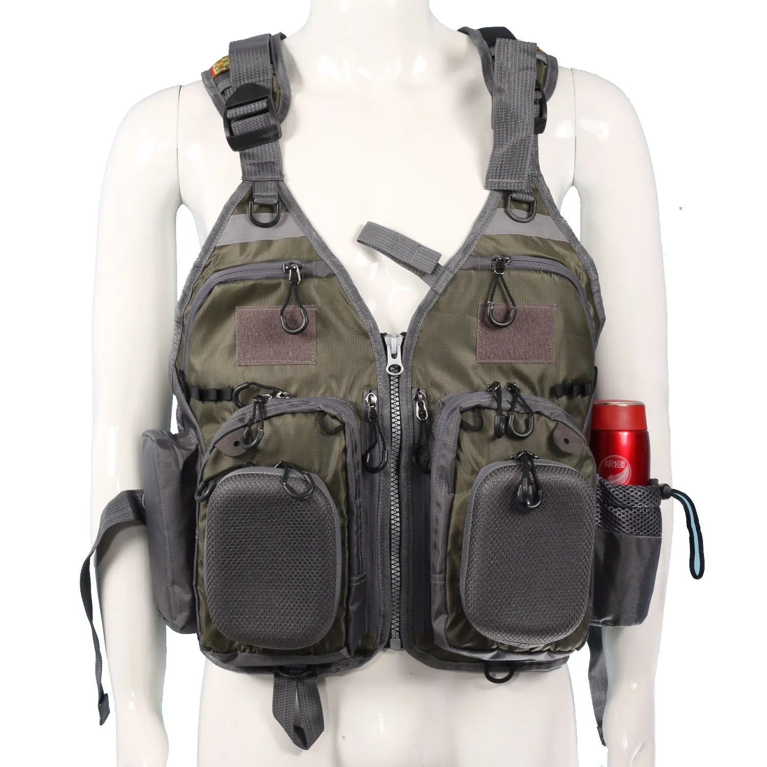 Grey fishing life jacket with multiple pockets and reflective strips showing removable foam buoyancy inserts