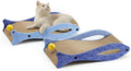 Blue fish-shaped cardboard cat scratcher lounger with a dangling bell toy for indoor cats.